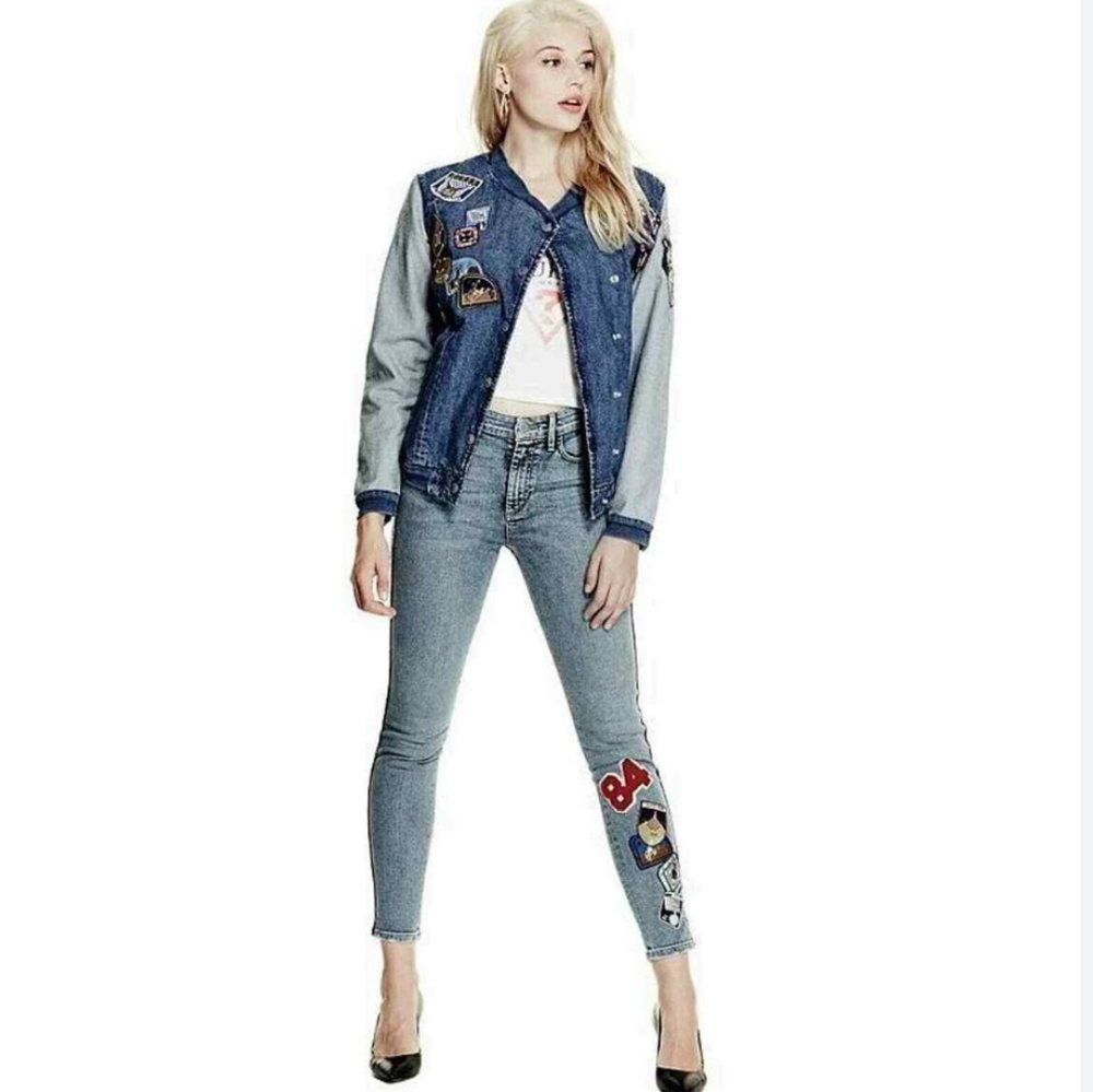 RARE Guess Denim Jean Varcity Bomber Biker Patched Jacket